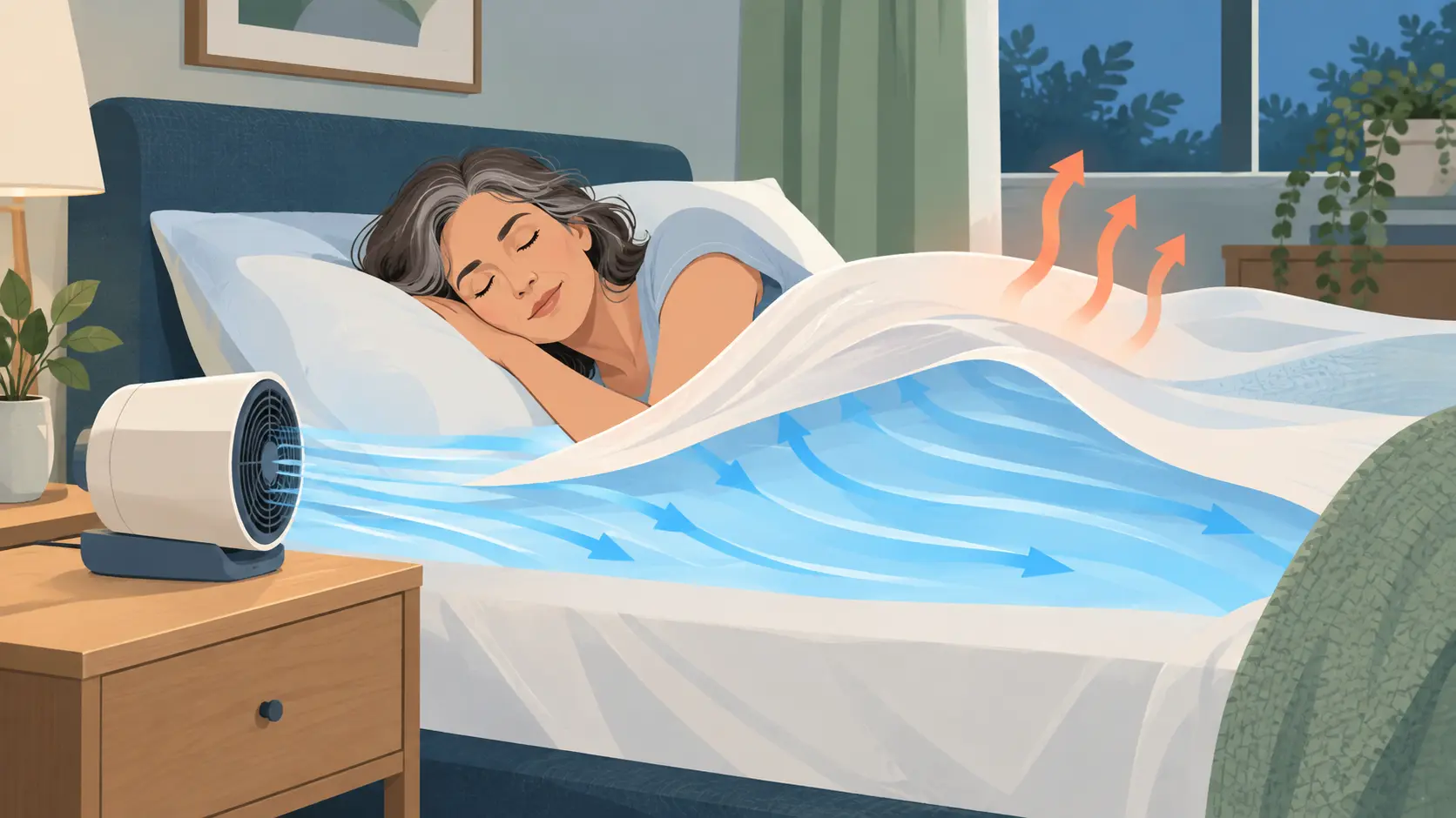 Illustration of a woman sleeping comfortably with a bed fan directing cool room air under the sheets during menopause night sweats.
