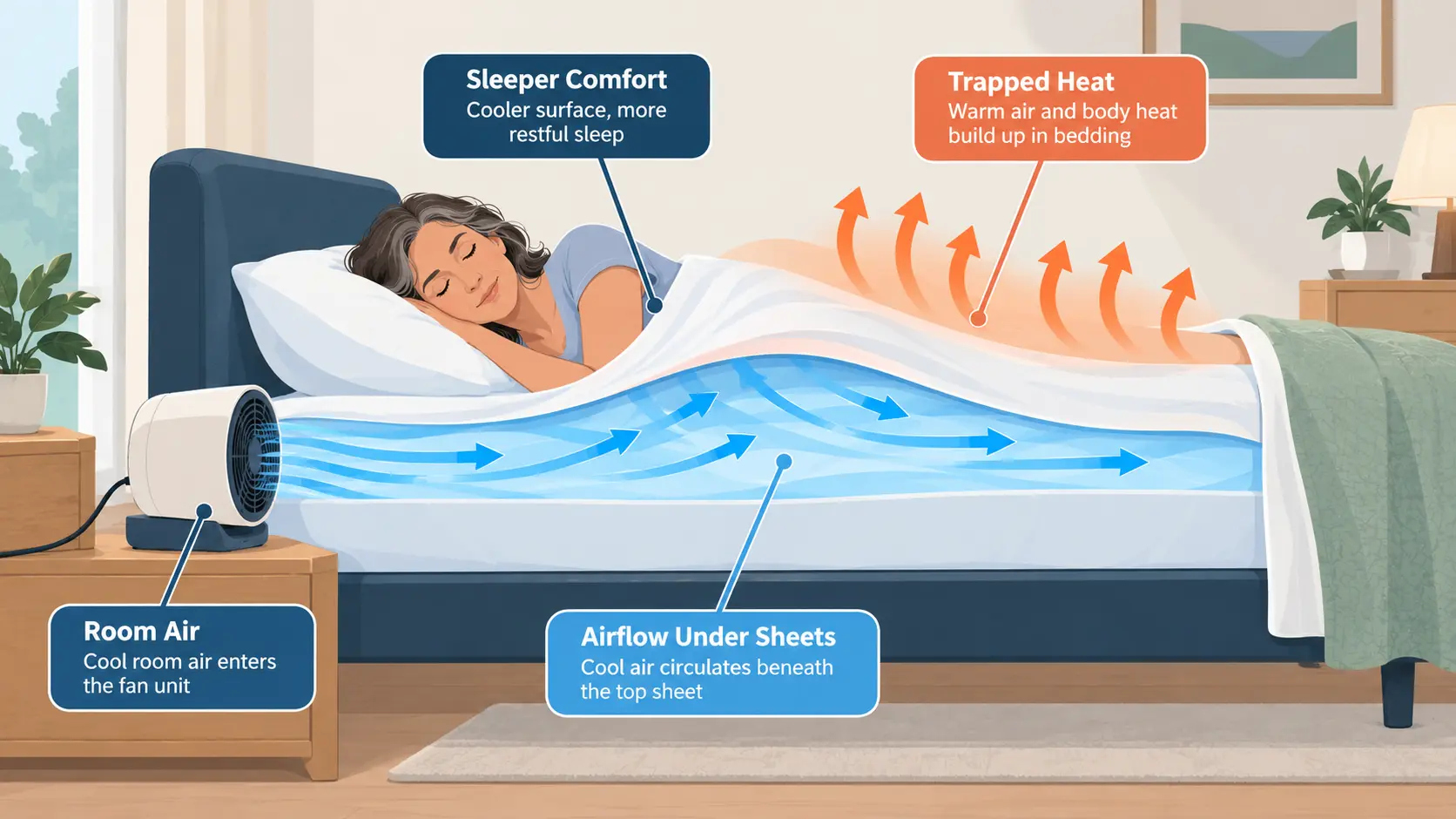 Diagram showing a bed fan pulling in cooler room air and directing airflow under the top sheet to move warm, humid air away from the sleeper.
