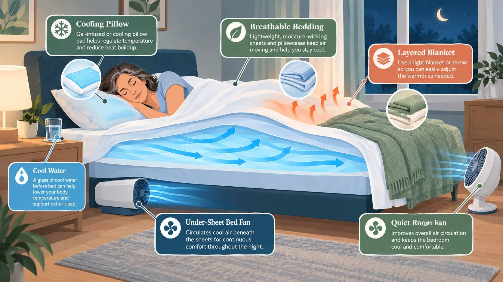 Illustration of a menopause night-sweat bed setup with under-sheet fan airflow, breathable sheets, layered bedding, cooling pillow pad, and bedside water.