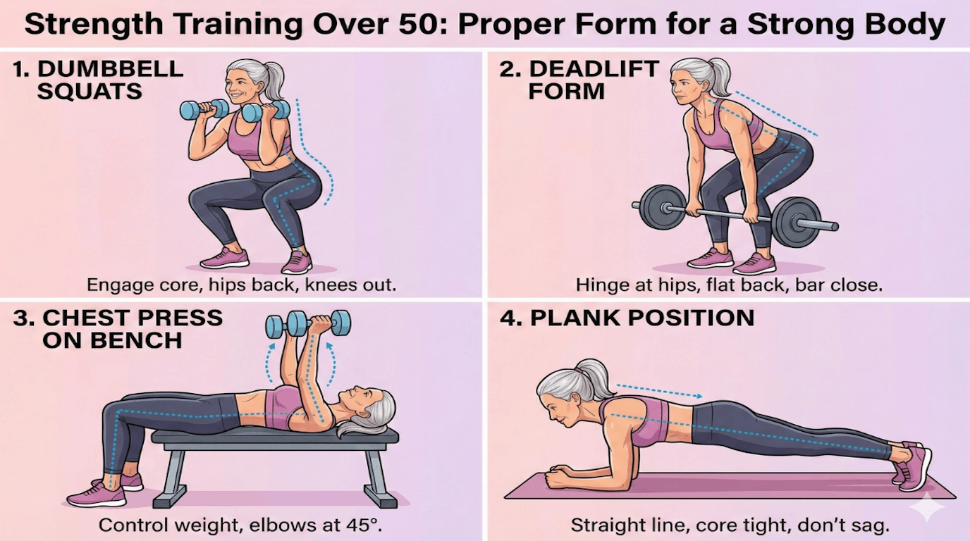 Fitness illustration showing a woman in her 50s performing strength training exercises