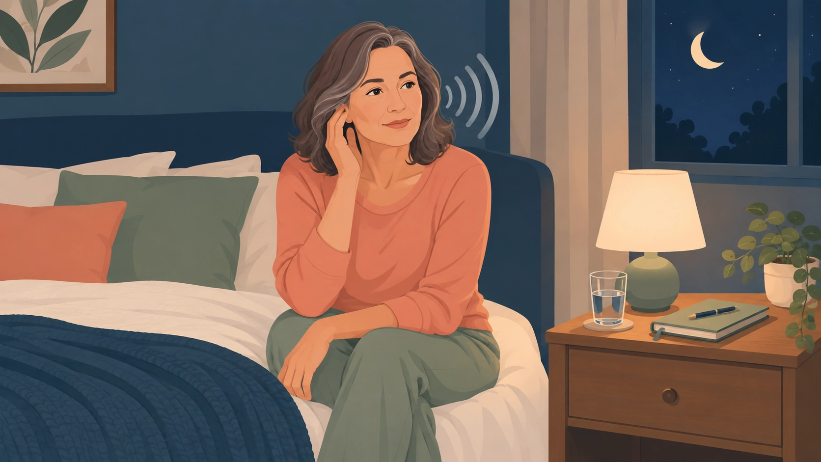 Editorial illustration of menopause, sleep, and tinnitus at night.