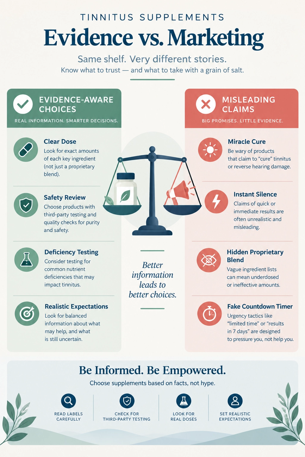 Evidence and marketing claims scale for tinnitus supplements.