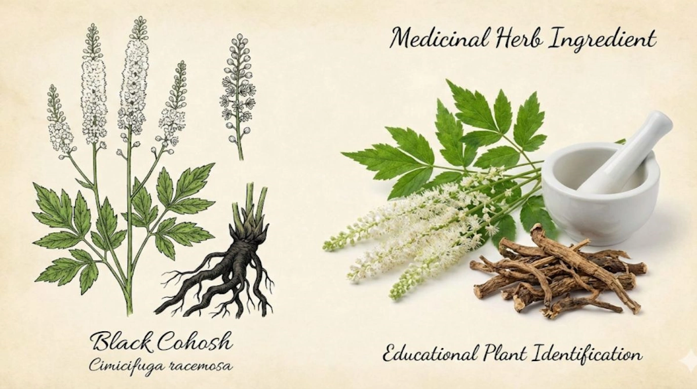 Black cohosh medicinal plant used as natural remedy for menopause hot flashes and night sweats