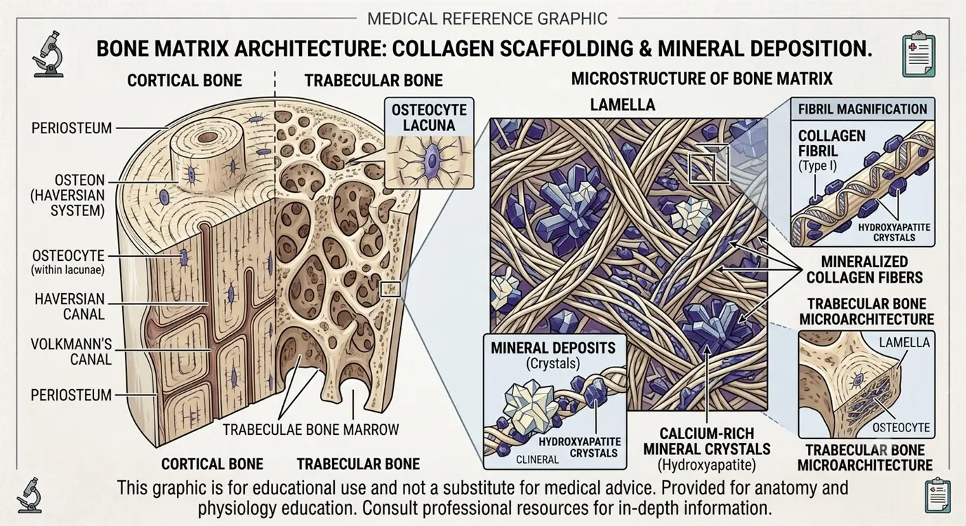 Microscopic-style illustration of collagen providing the structural matrix that supports bone mineral density