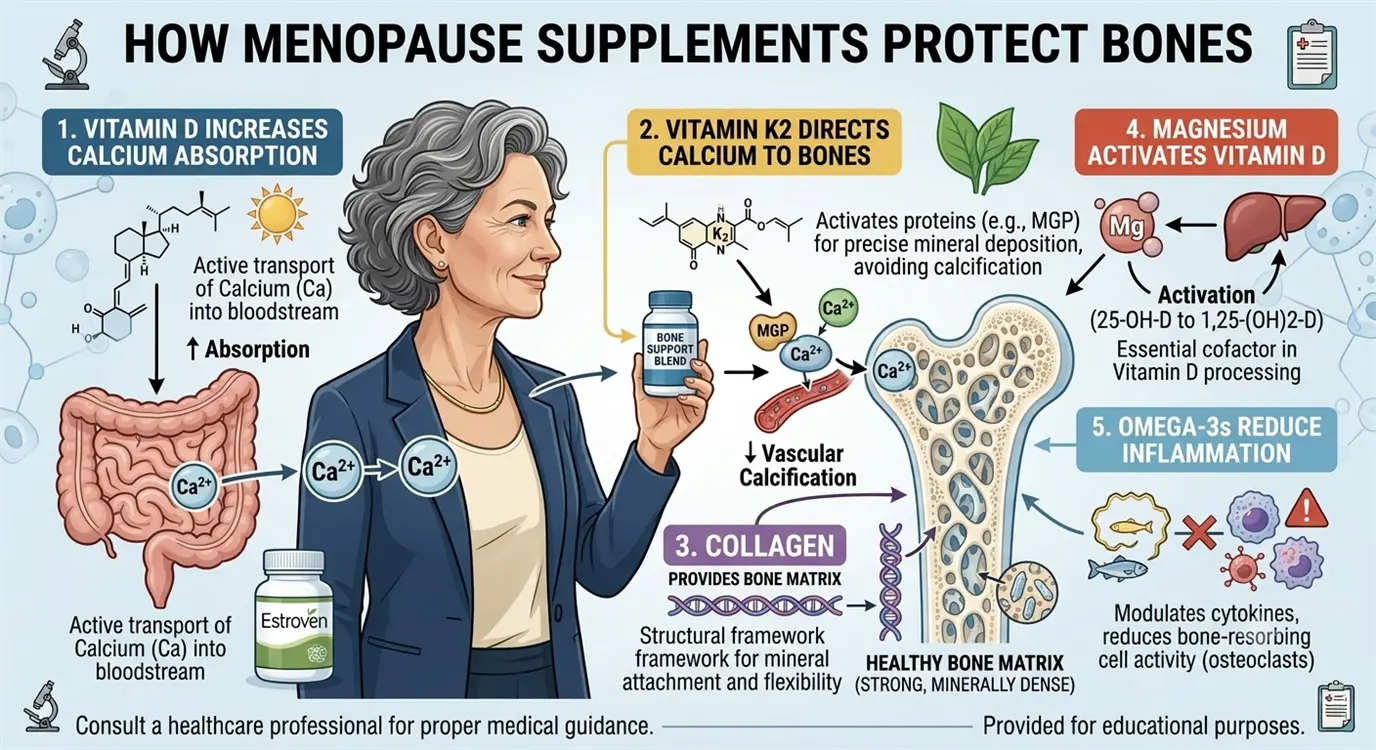 Diagram illustrating how declining estrogen disrupts osteoclast and osteoblast balance during menopause