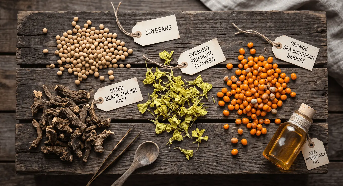 Overhead view of natural botanical ingredients including soy beans, black cohosh root, evening primrose flowers, and sea buckthorn berries on a wooden surface