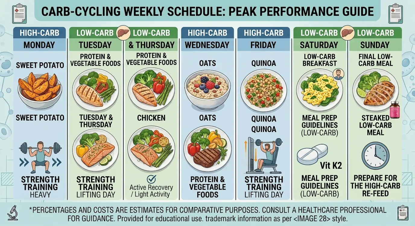 7-day carb-cycling schedule showing high-carb training days and low-carb rest days for menopause metabolism