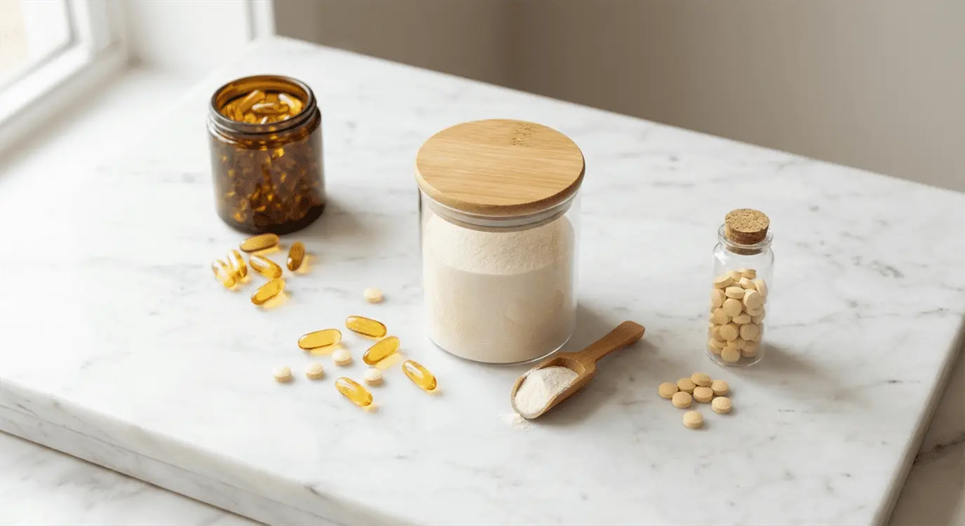 Flat lay of collagen peptide powder, omega-3 fish oil capsules, and vitamin D supplements on a white marble surface