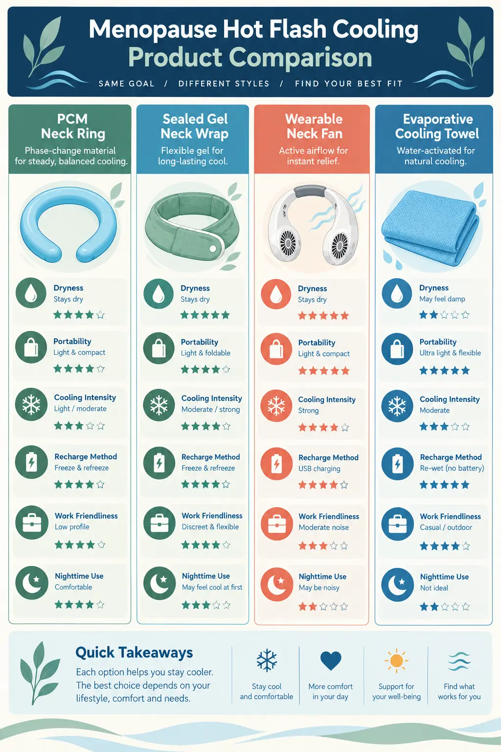 Comparison of PCM neck ring, gel neck wrap, neck fan, and evaporative towel for dry cooling during menopause hot flashes.