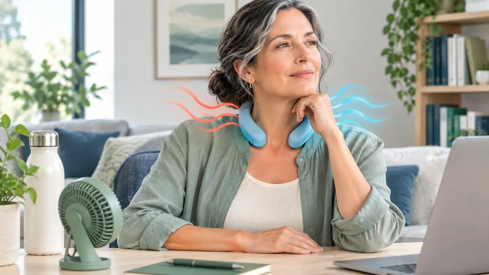Illustration of a woman wearing a dry cooling neck wrap during a hot flash, with a portable fan and breathable clothing.