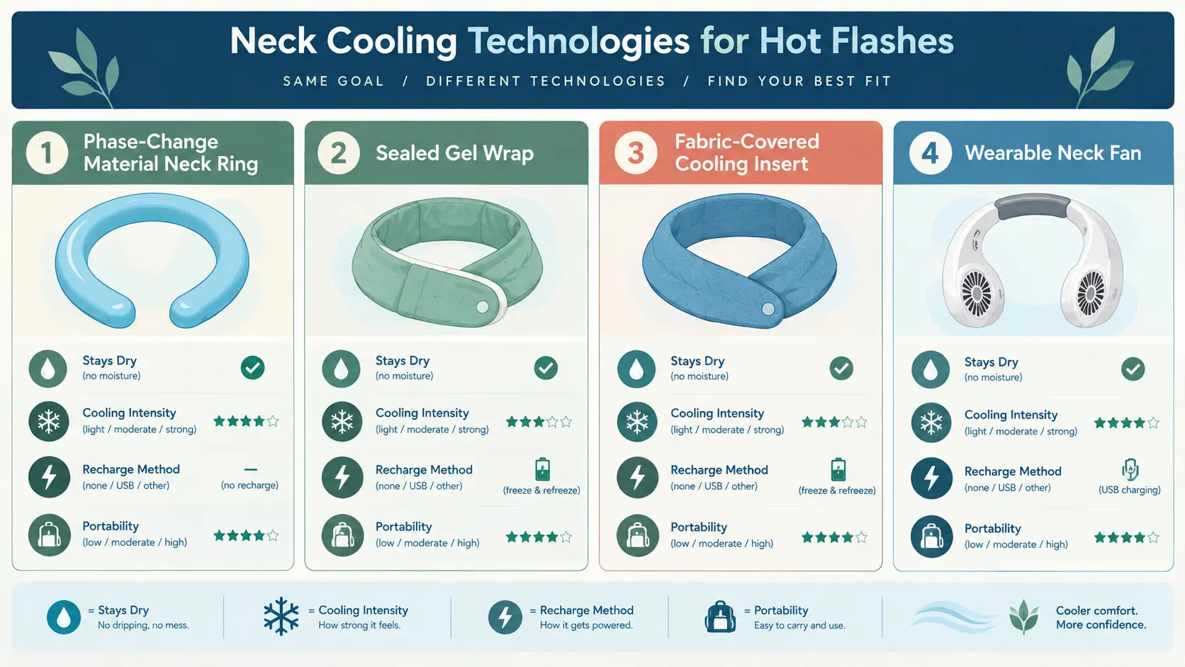 Illustration comparing phase-change material neck rings, sealed gel wraps, fabric-covered cooling inserts, and wearable neck fans for hot flashes.