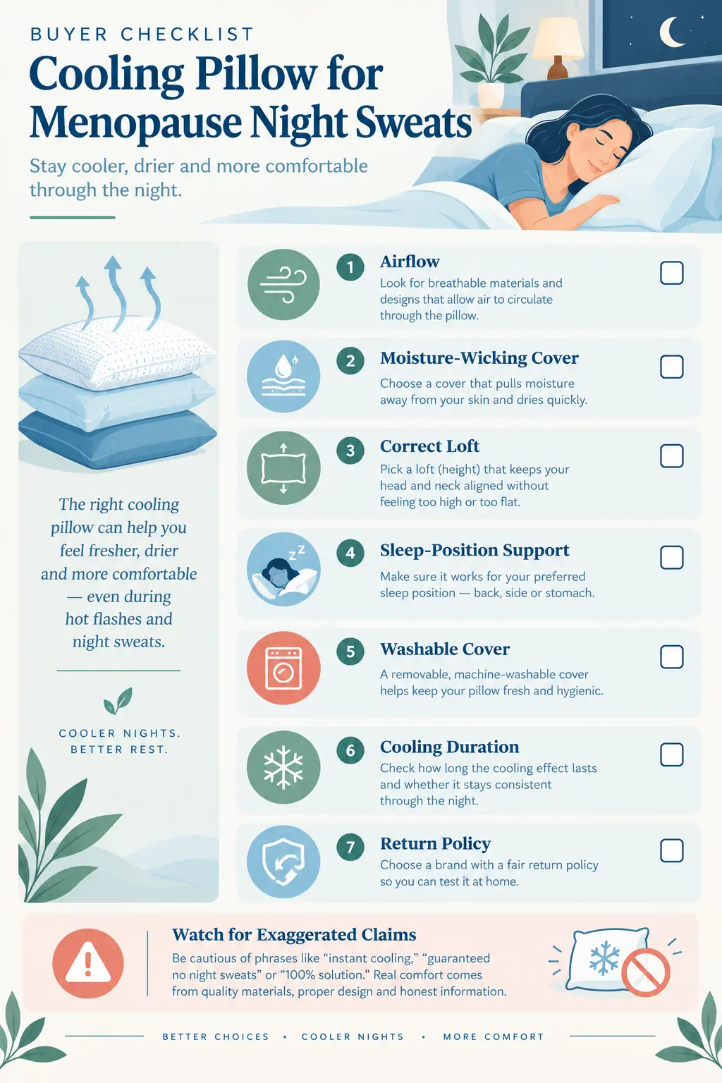 Cooling pillow buyer checklist covering airflow, moisture-wicking cover, loft, sleep position, washability, cooling duration, and return policy.