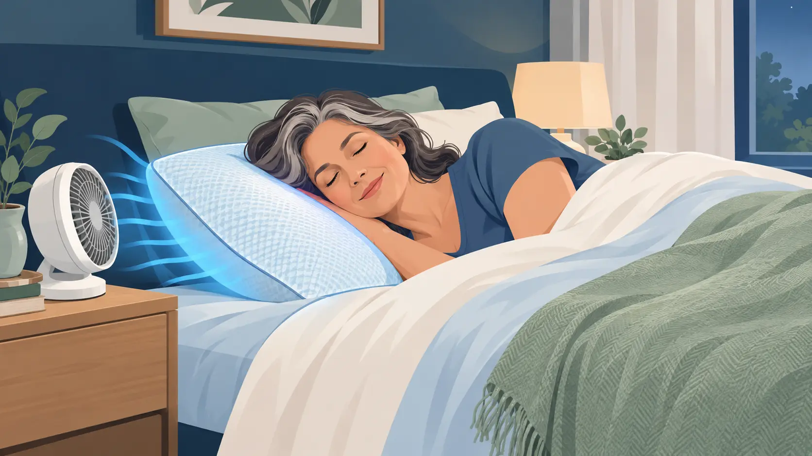 Woman sleeping on a breathable cooling pillow during menopause night sweats with lightweight bedding and a bedside fan.