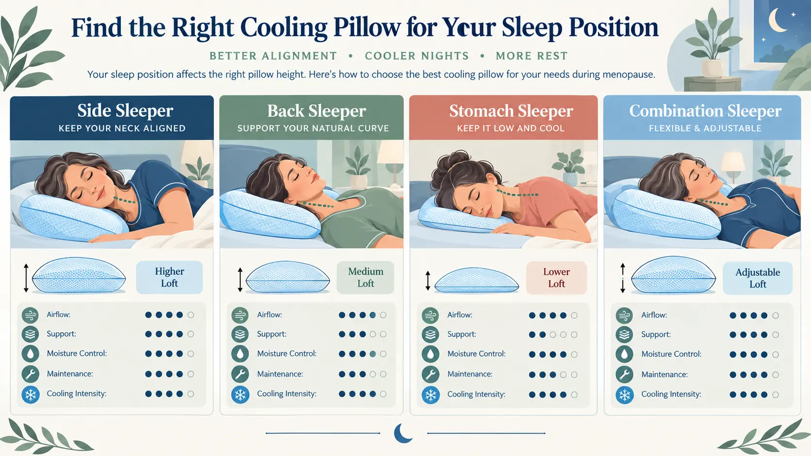 Sleep-position guide showing recommended cooling pillow loft and support for side, back, stomach, and combination sleepers.