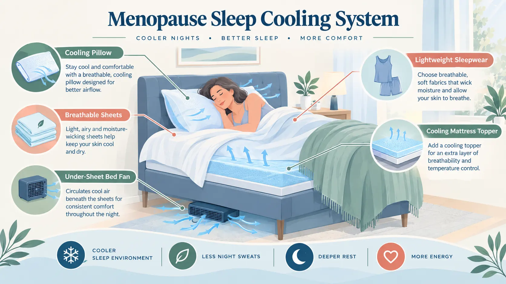Diagram showing a menopause cooling sleep system with cooling pillow, breathable sheets, bed fan, cooling topper, and lightweight sleepwear.