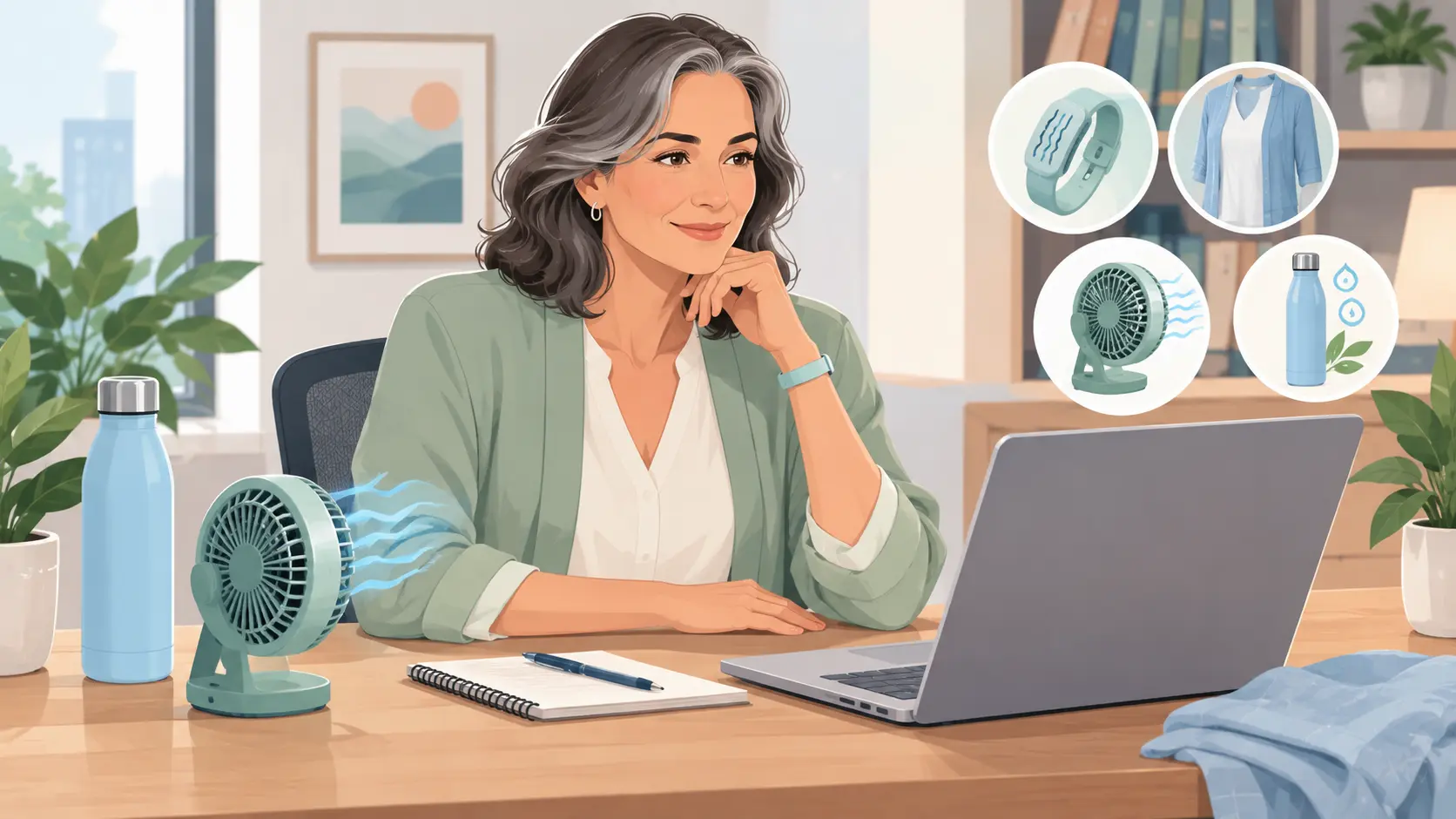 Woman at a professional desk using discreet cooling products for menopause hot flashes, including a small fan, cooling wristband, and water bottle.