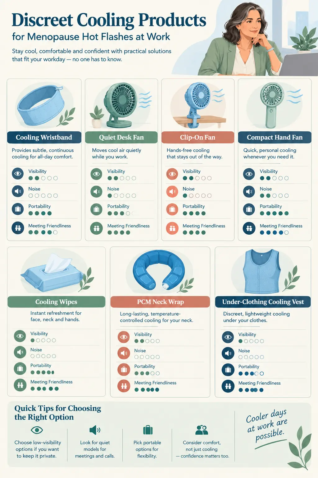 Comparison infographic of cooling wristbands, desk fans, clip-on fans, hand fans, cooling wipes, neck wraps, and under-clothing cooling vests for hot flashes at work.