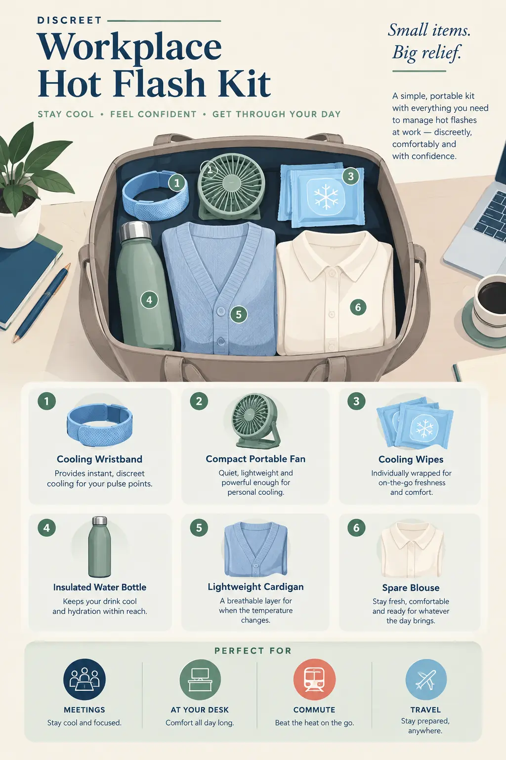 Workplace hot flash kit with a cooling wristband, compact fan, cooling wipes, water bottle, breathable layer, and spare blouse.