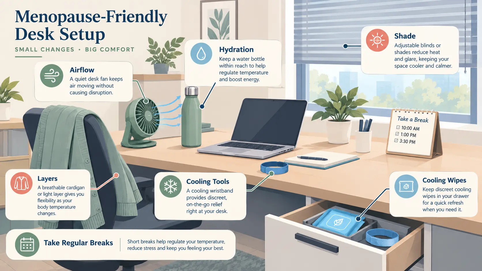Menopause-friendly desk setup with quiet fan, water bottle, layered clothing, cooling wristband, and shaded workspace.