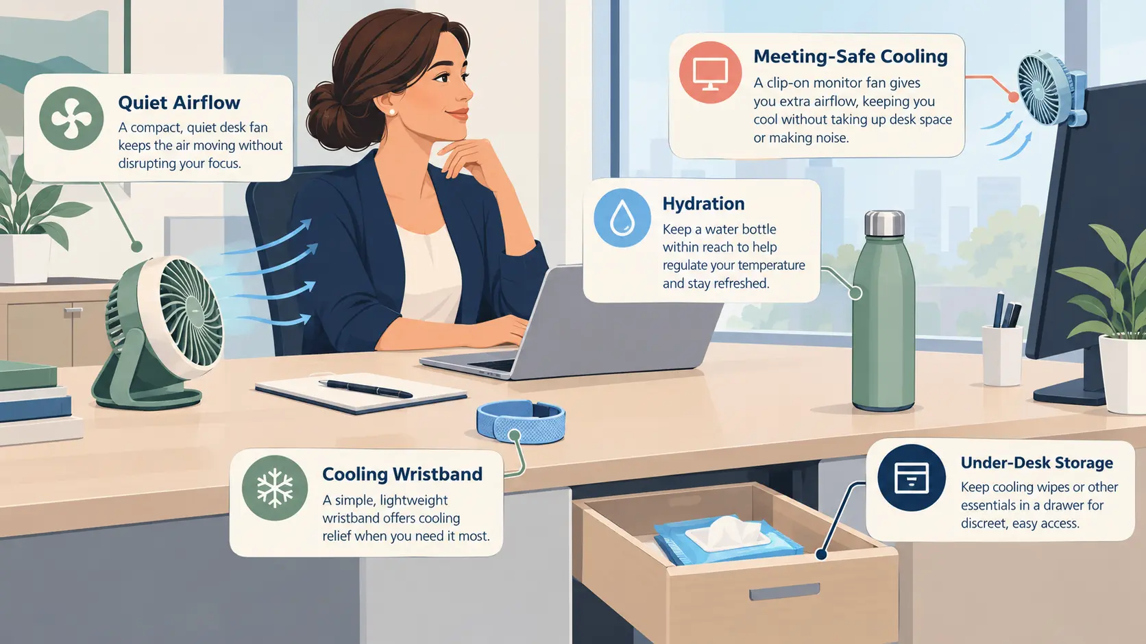 Office desk diagram showing discreet placement of a quiet desk fan, clip-on fan, water bottle, and cooling wristband for hot flashes.