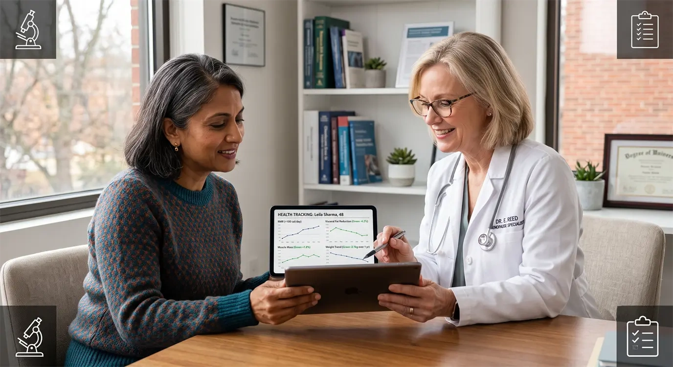 A doctor and menopausal patient reviewing HRT and weight management options together on a tablet in a modern clinical consultation setting