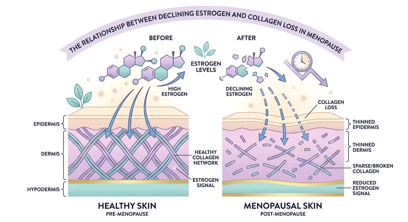 Diagram illustrating how estrogen decline during menopause reduces collagen production and skin thickness over time