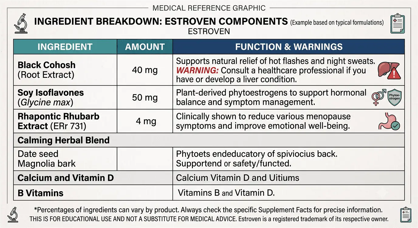 Detailed table breaking down Estroven ingredients and their associated side effects for informed decision making