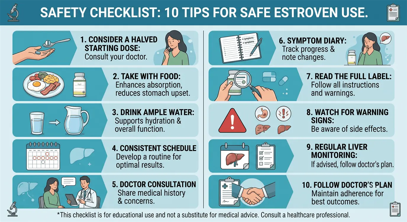 Checklist infographic showing 10 steps to minimize Estroven side effects and use supplement safely