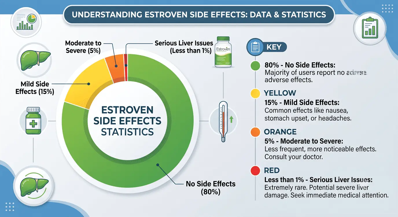 Infographic showing statistical breakdown of Estroven side effects frequency and severity in menopause supplement users