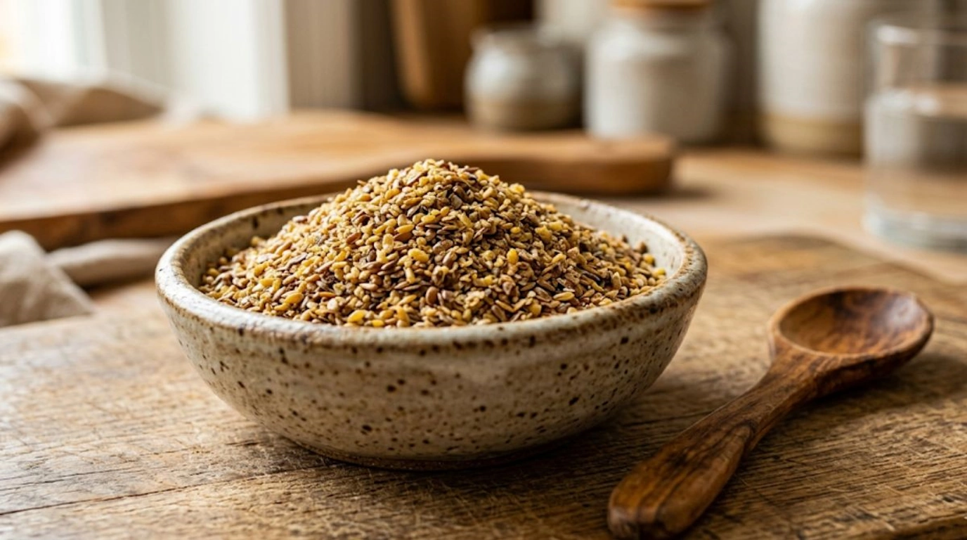 Close-up of a ceramic bowl filled with ground flaxseeds and a wooden spoon, representing a lignan-rich phytoestrogen food source