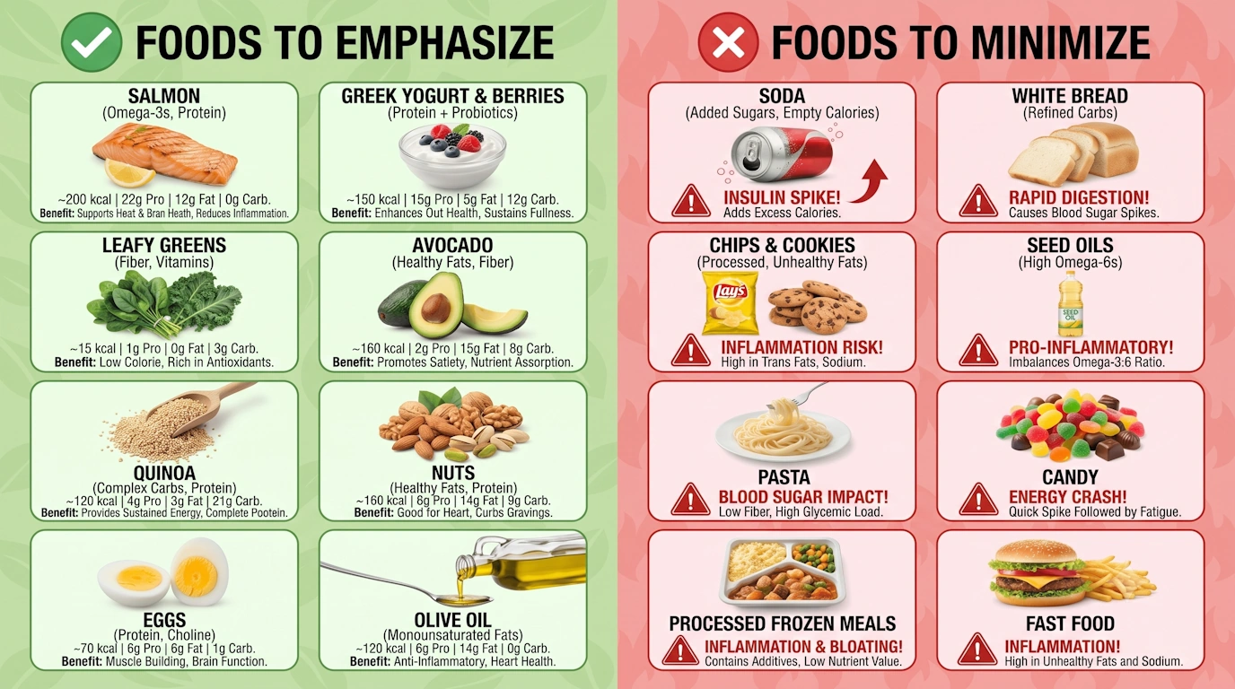 Visual chart of foods to eat and foods to avoid during menopause
