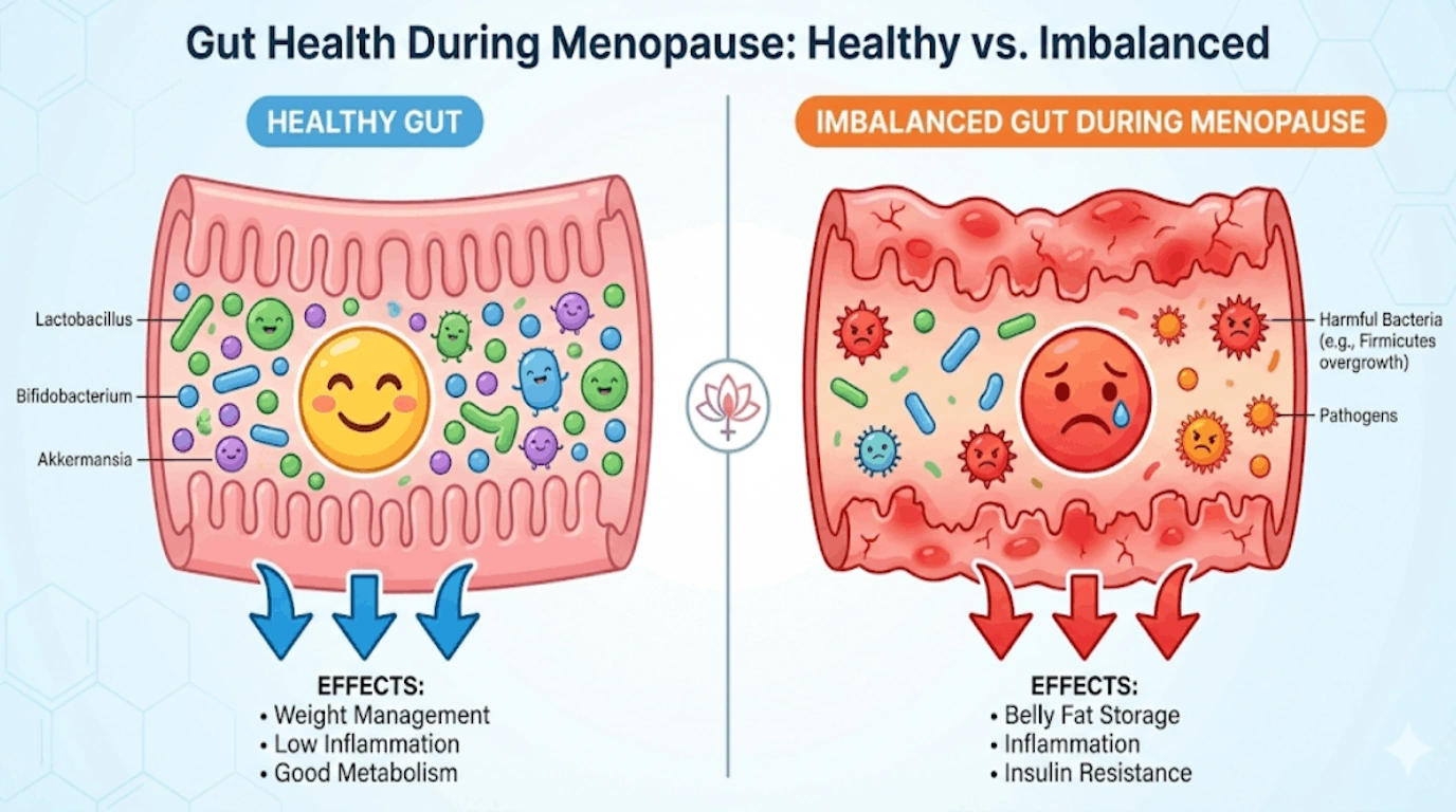 Illustration comparing a healthy gut with an imbalanced gut during menopause