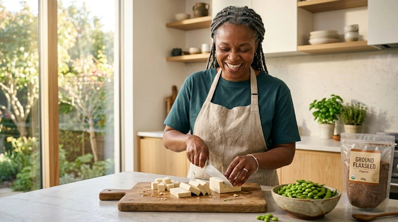 A healthy woman in her late forties cooking with tofu and phytoestrogen-rich foods in a bright kitchen, representing a sustainable plant-based weight-loss lifestyle