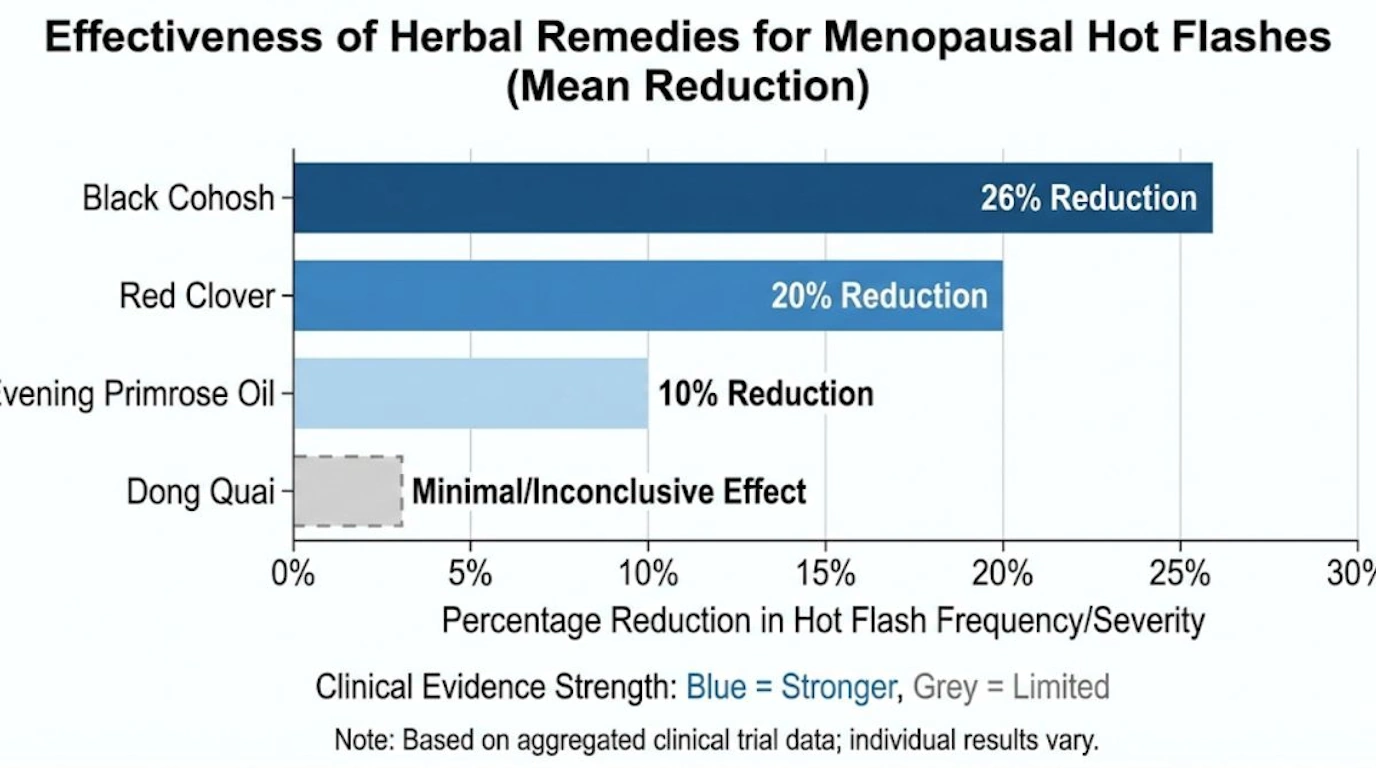 Evidence-based comparison chart showing effectiveness of herbal remedies for menopause hot flash reduction