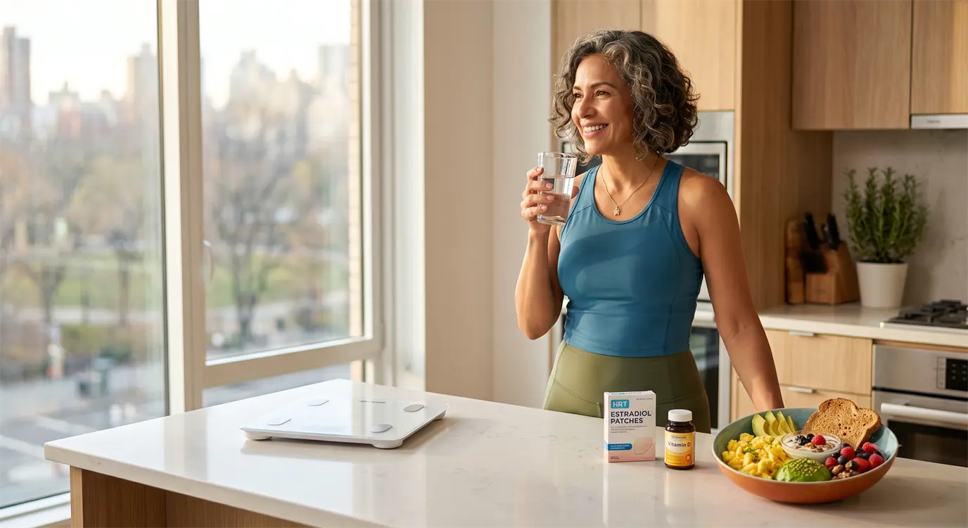 A confident woman in her late 40s in a bright kitchen, representing empowered HRT and weight management during menopause, with healthy foods visible on the counter