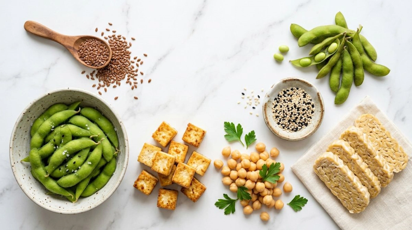 Overhead flat lay of phytoestrogen-rich foods including tofu, edamame, flaxseeds, tempeh, chickpeas, and sesame seeds on white marble