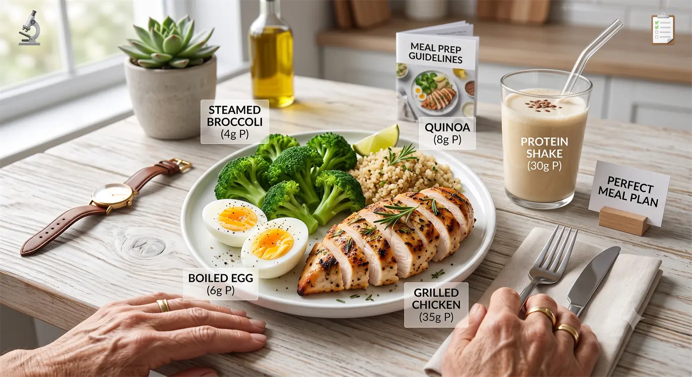 High-protein meal showing chicken, vegetables, quinoa and eggs for menopause muscle preservation