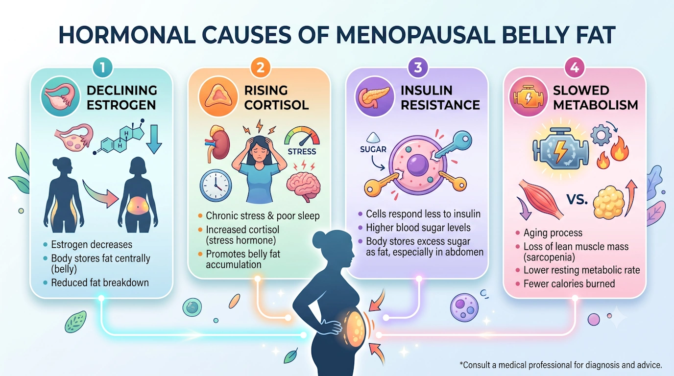 Medical infographic illustrating 4 hormonal causes of menopausal belly fat: declining estrogen, rising cortisol, insulin resistance, and slowed metabolism