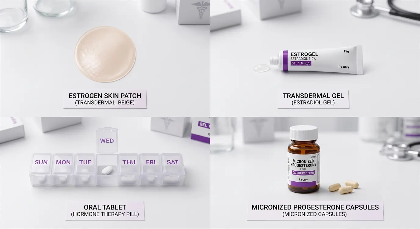 Flat lay of different HRT delivery forms including estrogen patch, transdermal gel, oral estrogen pill, and micronized progesterone capsules, showing the range of hormone replacement therapy options