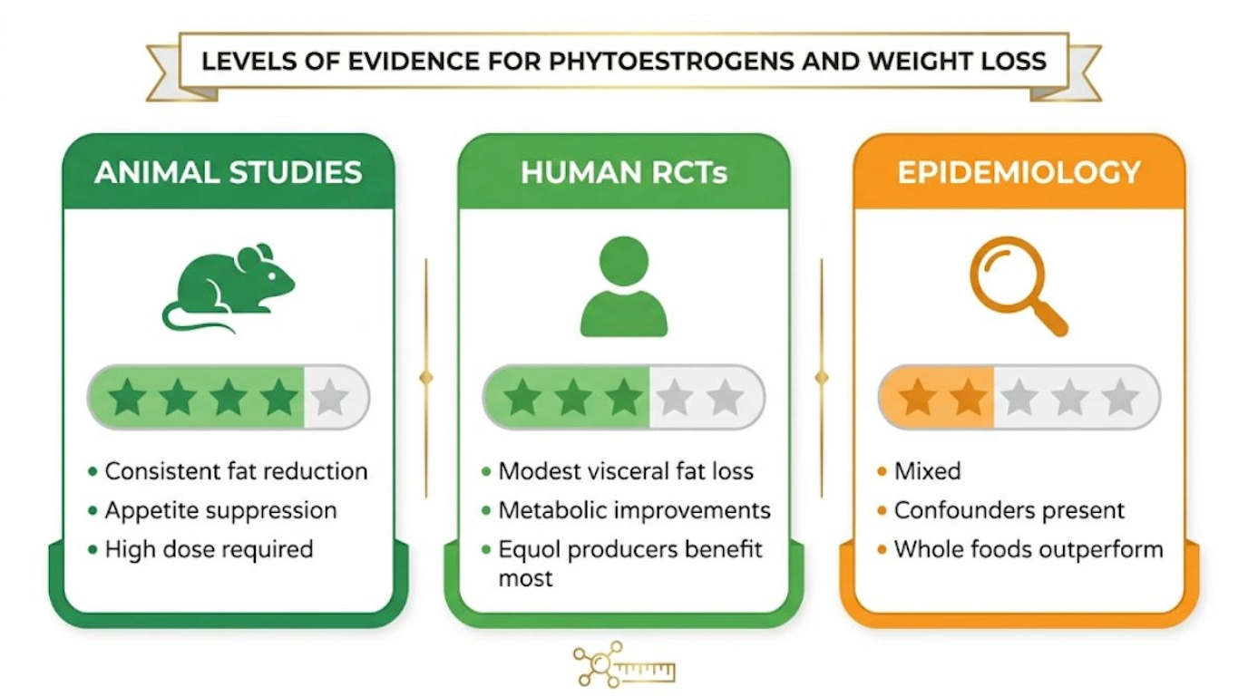 Infographic comparing levels of scientific evidence for phytoestrogens and weight loss across animal studies, human clinical trials, and epidemiological research