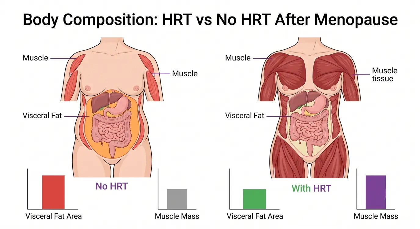 Side-by-side medical illustration comparing body composition between women on HRT and without HRT after menopause, showing reduced visceral fat and preserved lean muscle with hormone therapy