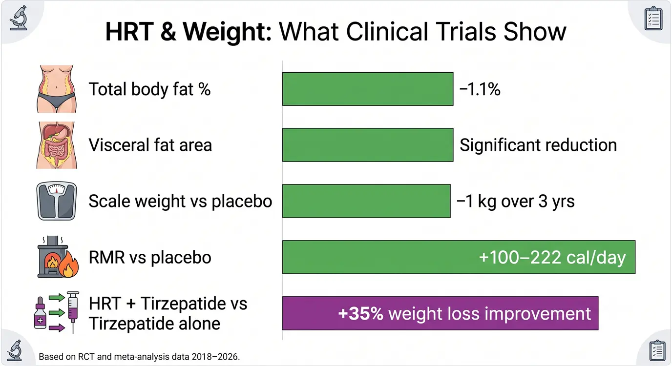 Bar chart infographic summarizing key clinical trial findings on HRT and weight management, showing reductions in body fat, visceral fat, and improved GLP-1 drug efficacy with hormone therapy