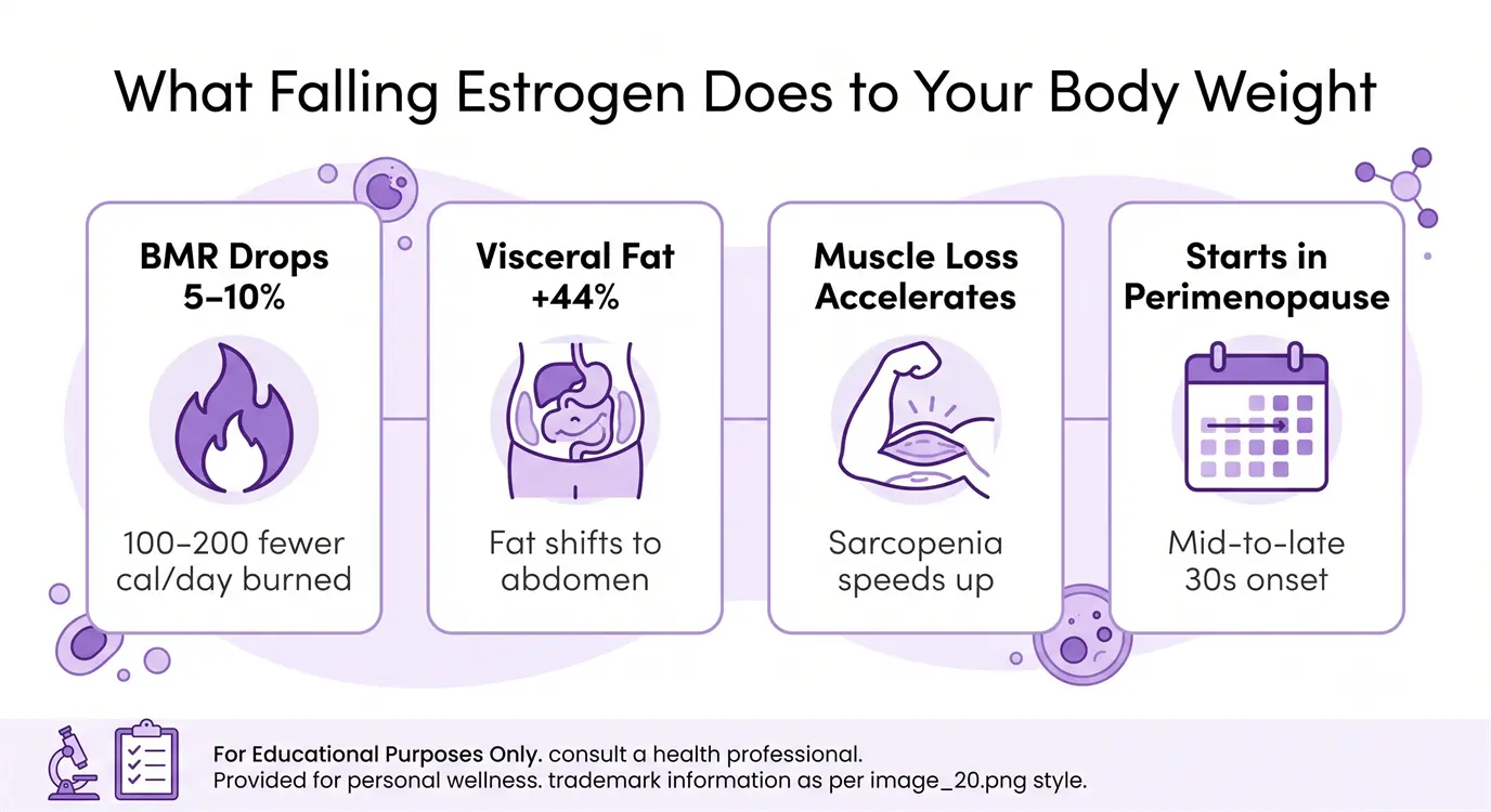 Infographic showing four key metabolic changes caused by declining estrogen during menopause: reduced BMR, increased visceral fat, muscle loss, and early perimenopause onset