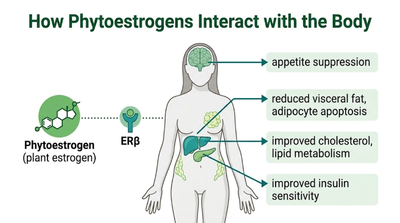 Medical infographic showing how phytoestrogens bind to estrogen receptors and influence appetite, visceral fat, liver metabolism, and insulin sensitivity in the body