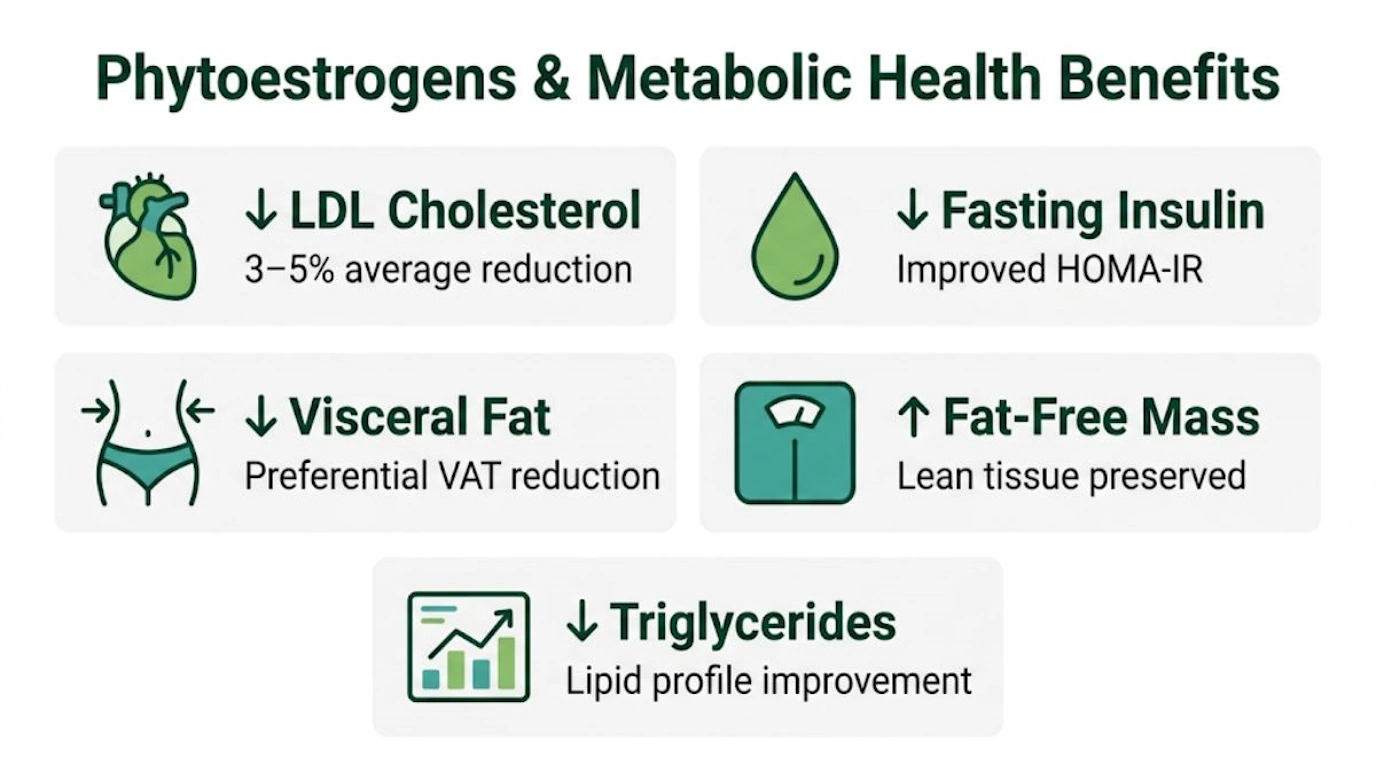 Infographic showing five key metabolic benefits of phytoestrogens including reduced LDL cholesterol, lower fasting insulin, decreased visceral fat, preserved lean mass, and lower triglycerides