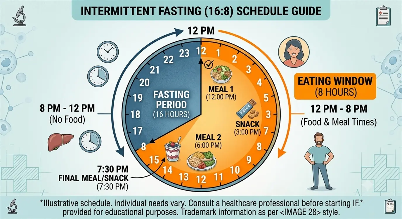 16:8 intermittent fasting schedule showing eating window and fasting period for menopause weight loss