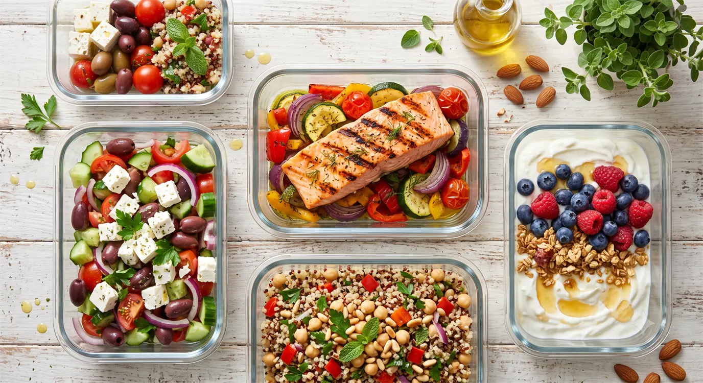 Mediterranean diet meal prep containers showing balanced meals for menopause weight loss