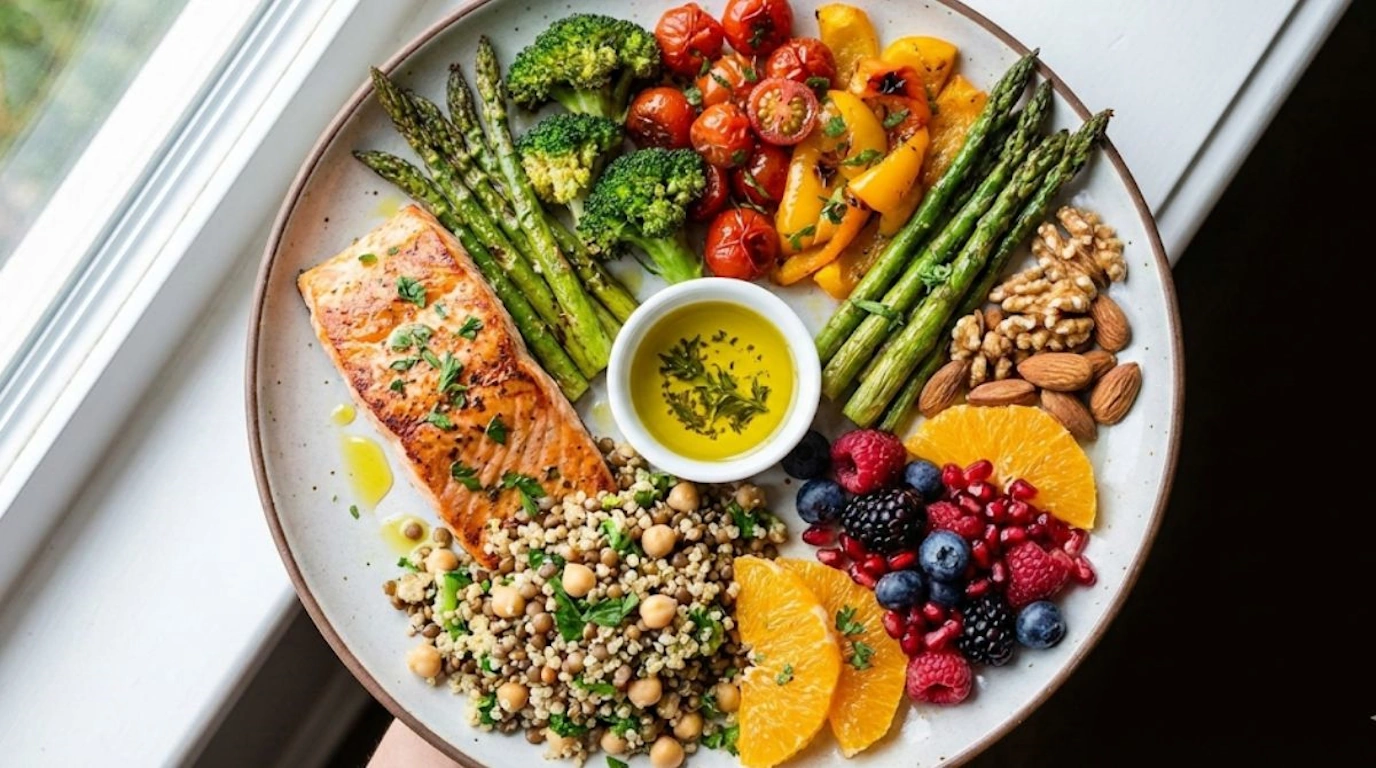 Mediterranean diet foods including fish, vegetables, and healthy fats for natural menopause symptom relief