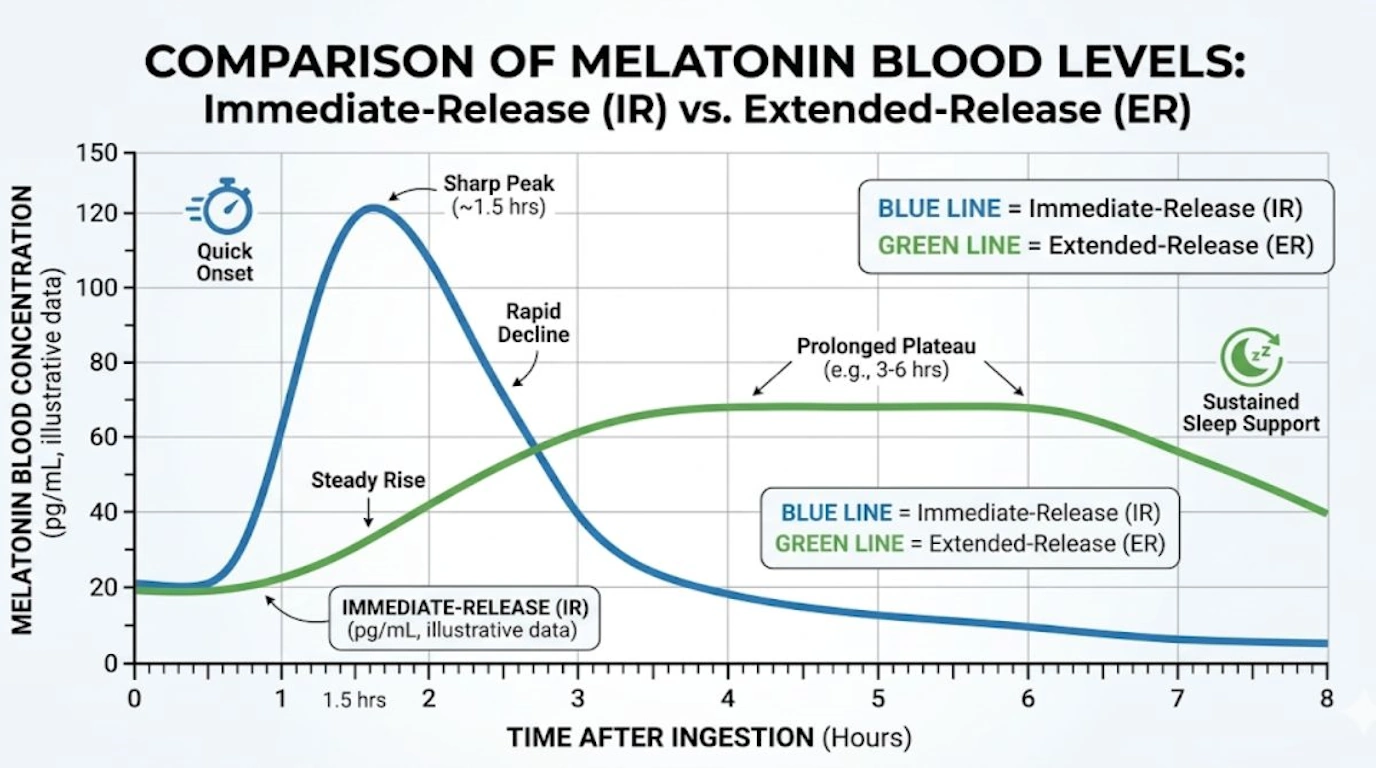 Graph comparing extended-release melatonin sustained levels versus immediate-release for menopause sleep