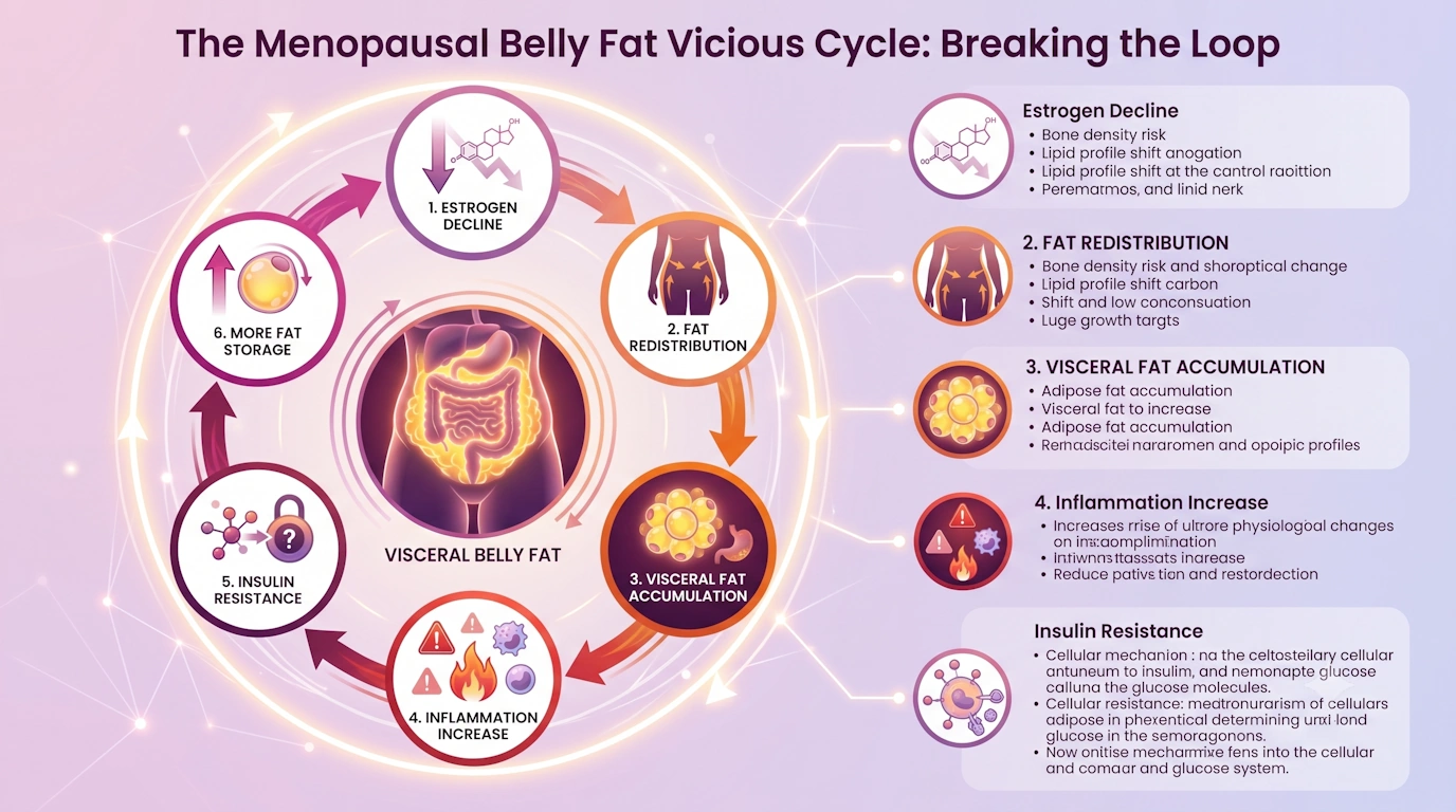 Circular infographic illustrating the vicious cycle of menopausal belly fat: estrogen decline, visceral fat, inflammation, insulin resistance